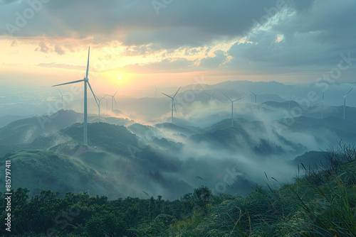 Wind Turbines on Misty Hill at Dawn with Swirling Fog Representing Alternative Energy Sources