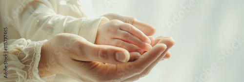 Grandmother holding hands, palm of baby. Close up. Bonding, Connection of generations, grandchild, love and relationship with infant. Family, care, parent with newborn for support, protection concept