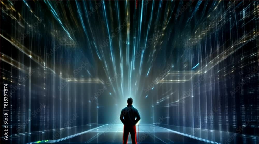 A lone figure stands before an immense futuristic library, with data streams flowing upwards, symbolizing infinite knowledge.
A lone figure stands before an immense futuristic library, with data streams flowing upwards, symbolizing infinite knowledge.