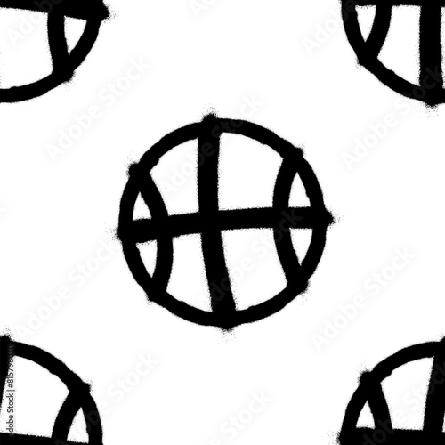 Seamless pattern of sprayed basketball icon with overspray in black over white. Vector illustration