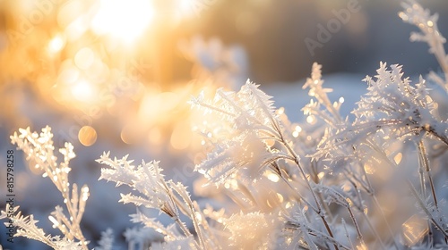 A closeup of frost-covered grasses in the foreground  with soft sunlight filtering through them  creating a dreamy and ethereal atmosphere. 