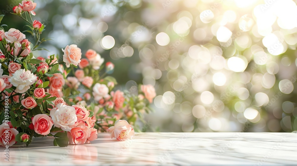 White marble table with a blurred light bokeh from a rose garden as a background for a product display, creating a studio mockup backdrop White marble table with a blurred light bokeh from a rose garden as a background for a product display, creating a studio mockup backdrop