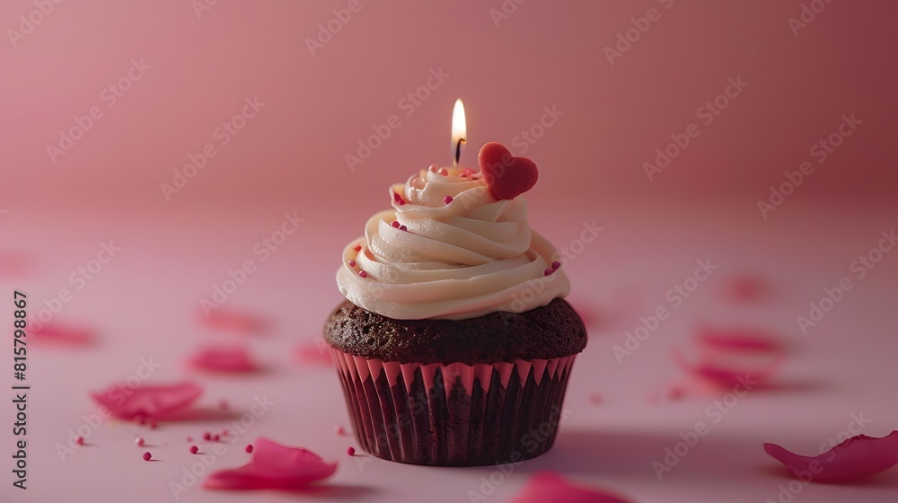 A cupcake with one candle on it, pink background. commercial advertising photography.
A cupcake with one candle on it, pink background. commercial advertising photography.