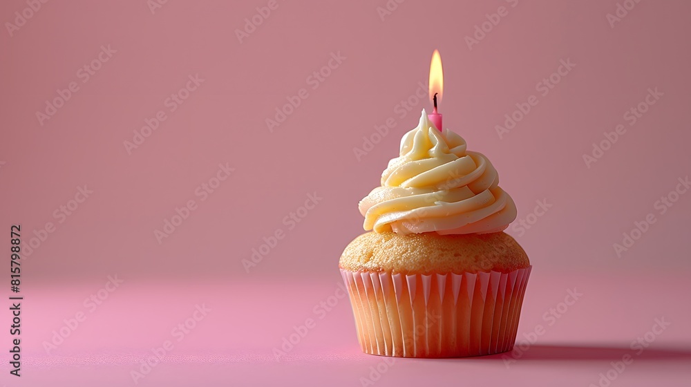 A cupcake with one candle on it, pink background. commercial advertising photography.
A cupcake with one candle on it, pink background. commercial advertising photography.