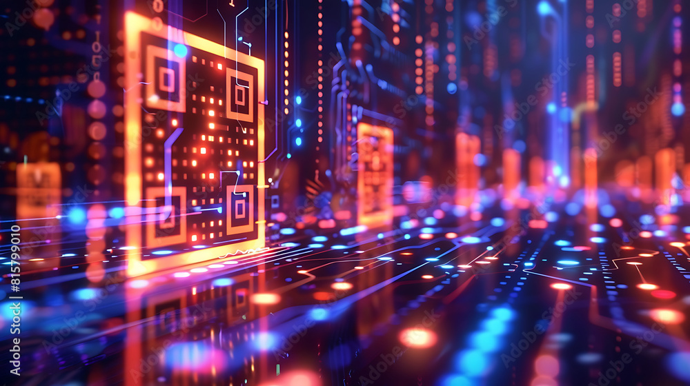 A dynamic digital representation of QR codes with glowing data streams on a circuit board, illustrating high-tech information transfer A dynamic digital representation of QR codes with glowing data streams on a circuit board, illustrating high-tech information transfer