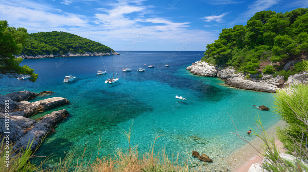 Wild Mediterranean beach landscape with magical turquoise transparent waters, yachts, boats near of cost line