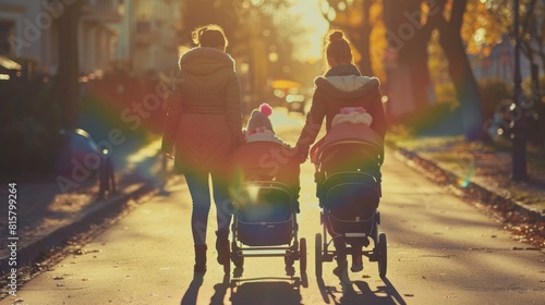 LGBTQ+ parents couple pushing strollers parenting together with their children in park