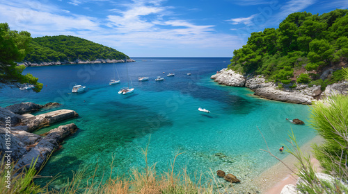 Wild Mediterranean beach landscape with magical turquoise transparent waters  yachts  boats near of cost line