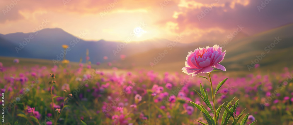 Fototapeta premium Single pink peony blooming in a vast mountain meadow at sunset.