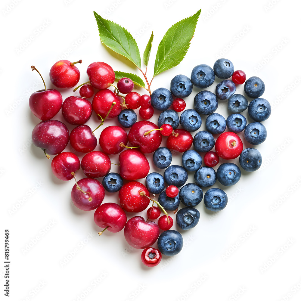 Heart shape made of Red and blue berries top view isolated on white background Heart shape made of Red and blue berries top view isolated on white background