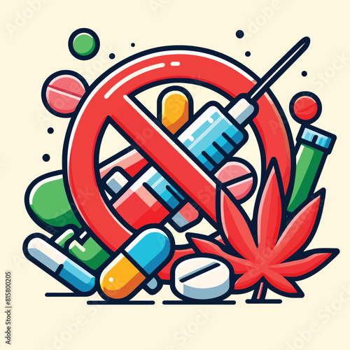 anti-drug symbol with illustration of illegal drugs