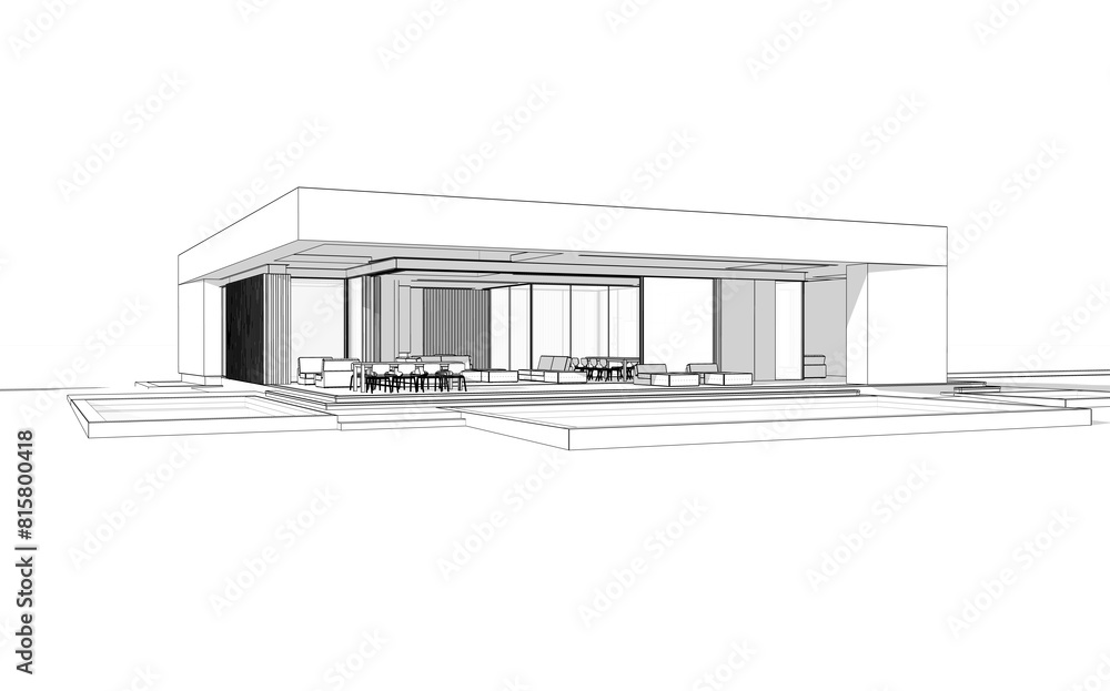 3d rendering of new concrete house in modern style with pool and parking for sale or rent and beautiful landscaping on background. Black line sketch with soft light shadows on white background. 3d rendering of new concrete house in modern style with pool and parking for sale or rent and beautiful landscaping on background. Black line sketch with soft light shadows on white background.