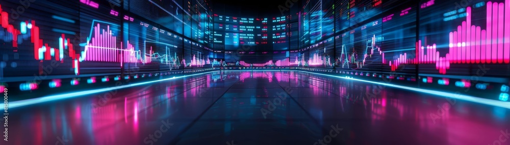 Fototapeta premium Hightech display of stock market information with neon light effects