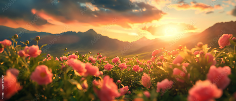 Pink peonies blooming at sunset with mountainous backdrop.