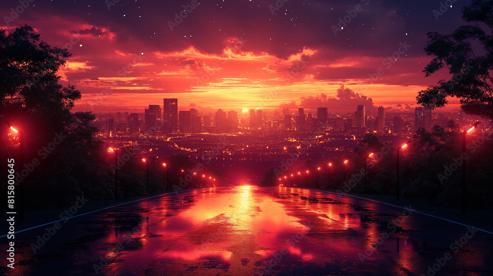 An artistic representation of a city skyline at sunset, with the silhouettes of skyscrapers and office buildings reflecting the warm colors of the sky, while the lights of the city An artistic representation of a city skyline at sunset, with the silhouettes of skyscrapers and office buildings reflecting the warm colors of the sky, while the lights of the city