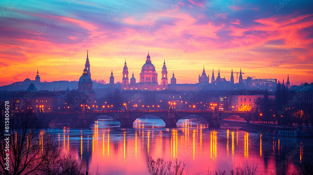 Obraz premium A close-up shot of the silhouette of a city skyline at sunset, with the intricate details of architectural features such as spires and domes standing out against the colorful backd