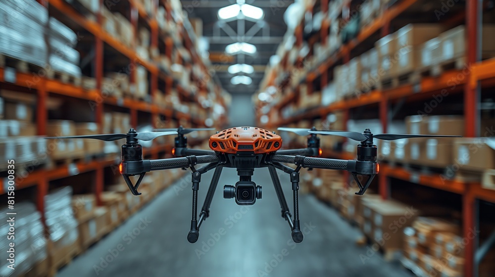 A sophisticated drone is seen navigating through the aisles of an organized warehouse filled with shelves of brown packages. A sophisticated drone is seen navigating through the aisles of an organized warehouse filled with shelves of brown packages.