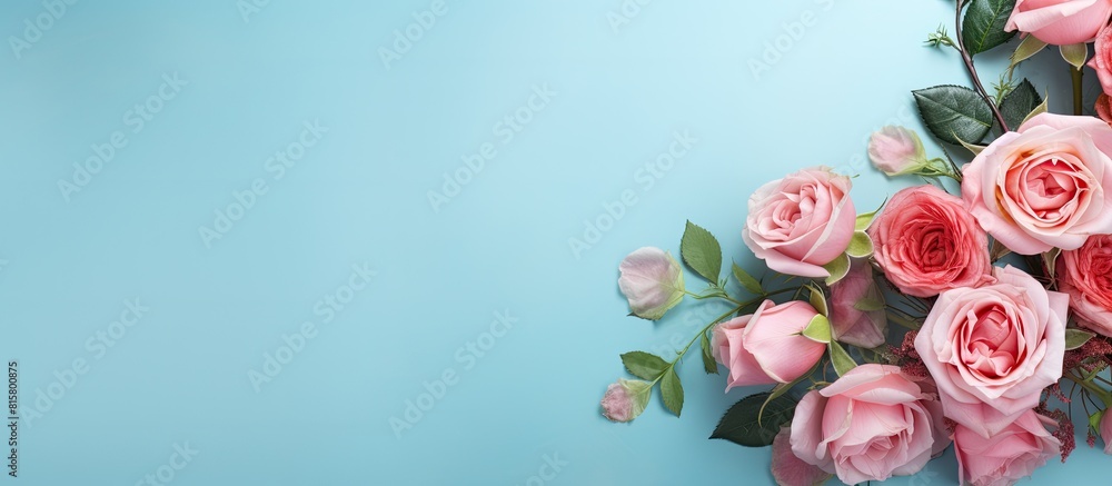 A floral arrangement featuring pink roses adorns a pastel blue backdrop in a flat lay view There is ample copy space within the image A floral arrangement featuring pink roses adorns a pastel blue backdrop in a flat lay view There is ample copy space within the image