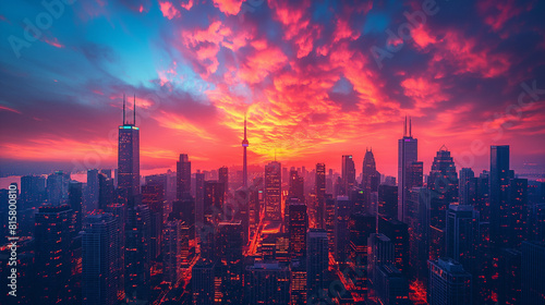 A breathtaking photograph capturing the silhouette of a city skyline at sunset  with towering skyscrapers outlined against a vibrant sky painted in hues of orange  pink  and purple