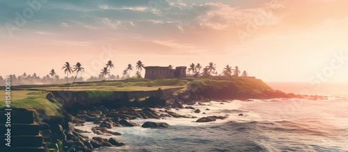 The ancient Dutch Galle Fort showcases a stunning landscape with a serene ocean and a picturesque sky at sunset providing ample copy space for text