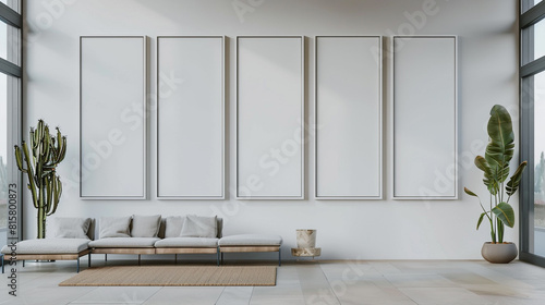A modern gallery wall displaying six long, narrow plain white frames, arranged vertically and spaced evenly to create a rhythmic pattern. © M Arif