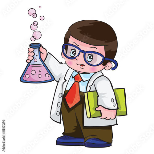 The image shows a cartoon character of a young scientist holding a flask with a bubbling liquid. The character wears glasses, a white lab coat and tie, and holds a book or folder under one arm.