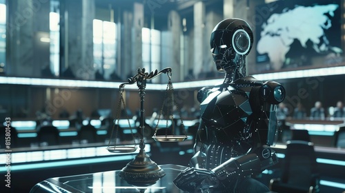 A robotic judge presiding over a courtroom filled with futuristic technology, with scales of justice symbolizing balance.