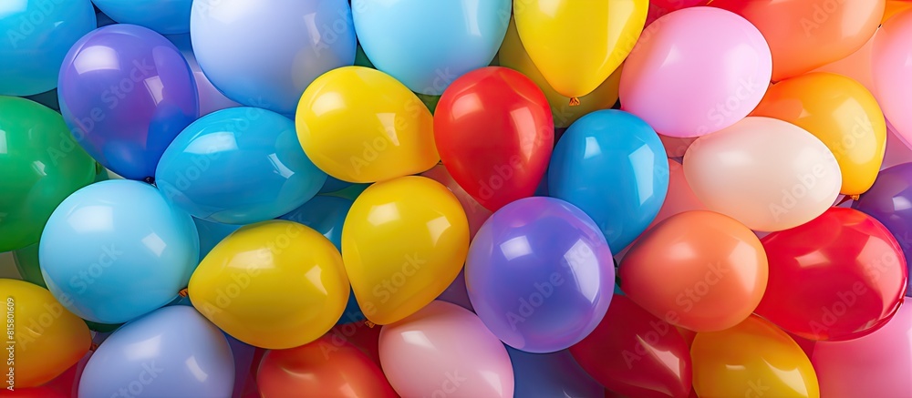 Close up of colorful rubber inflatable balloons commonly used as holiday decorations Includes multi colored balloons in the image. Copyspace image Close up of colorful rubber inflatable balloons commonly used as holiday decorations Includes multi colored balloons in the image. Copyspace image
