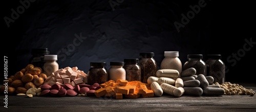 Close up of bodybuilding food supplements including high protein bars and creatine capsules on a dark stone background Ample copy space available