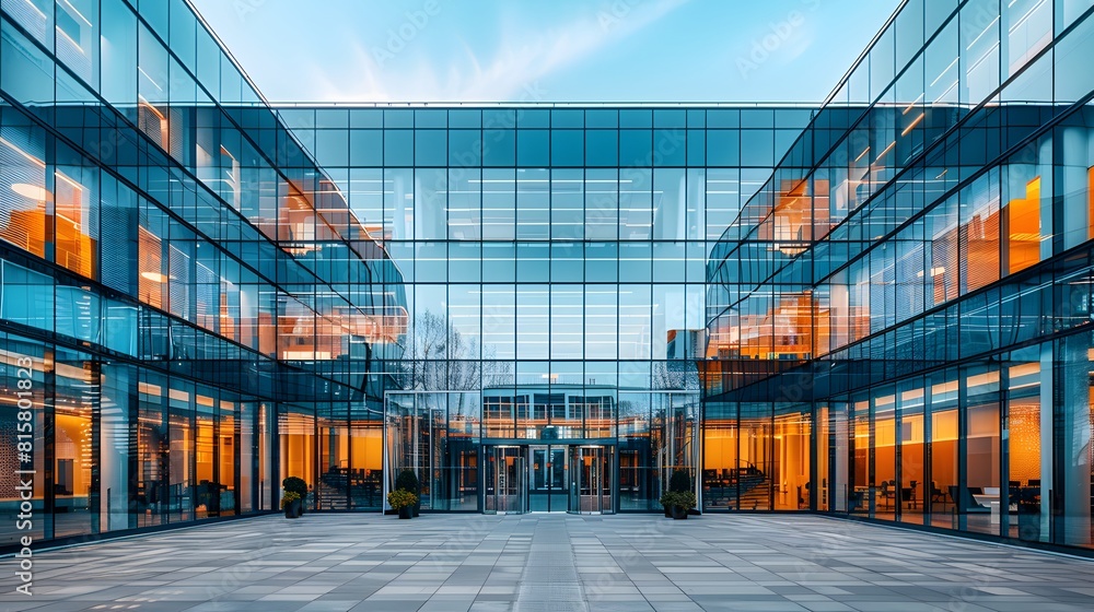 Fototapeta premium A glass building with high-performance glazing, showcasing energy efficiency and modern architecture in commercial office buildings. 