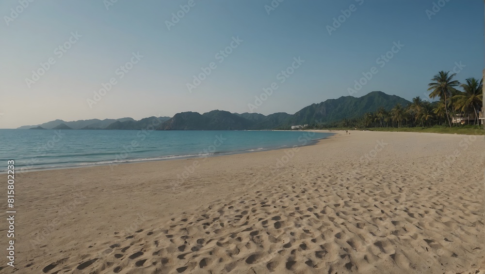 A serene beach with palm trees and majestic mountains in the backdrop, creating a picturesque view.