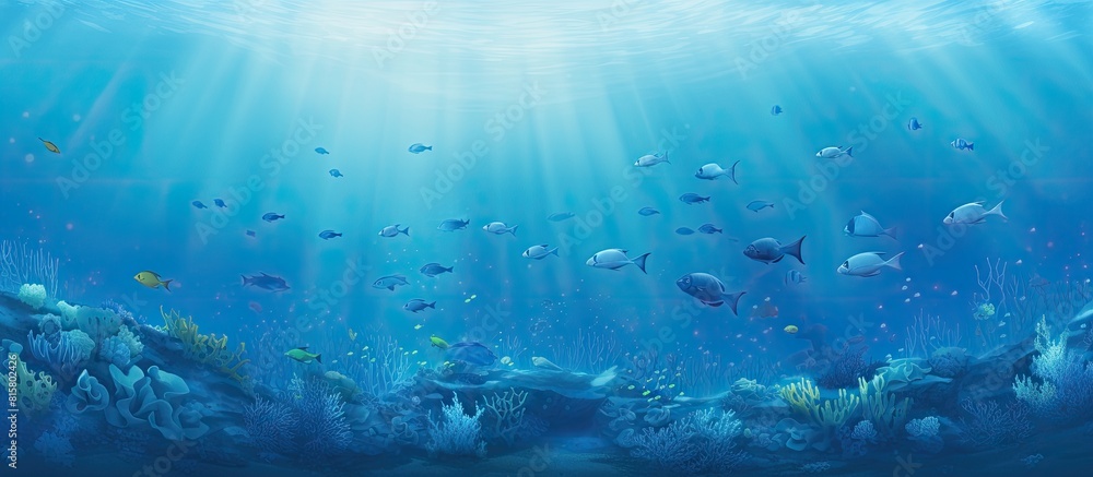 Fototapeta premium Underwater or sea ecosystem with a school of fish creating a vivid abstract image against a blue copy space background