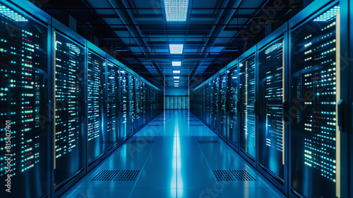 A bustling data center filled with rows of server racks humming with activity, bathed in the cool blue glow of LED indicators and cooling systems. photo