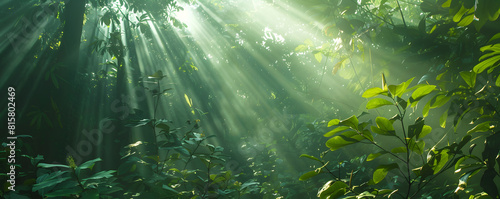 Sunlight streaming through a dense green forest, casting ethereal beams amongst the foliage