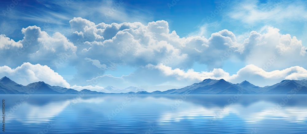 A detailed artwork depicting blue skies beautiful clouds mountains and a lake with copy space image A detailed artwork depicting blue skies beautiful clouds mountains and a lake with copy space image