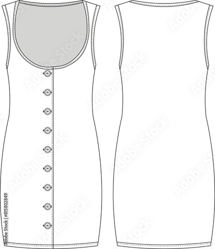 sleeveless shoulder straps strapped strappy buttoned u scoop neck straight mini short dress template technical drawing flat sketch cad mockup fashion woman design style model