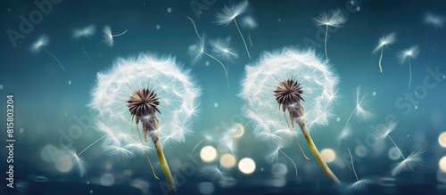 Copy space image featuring a banner showcasing two dandelion fluffs standing in water like graceful ballerinas adorned with raindrops The fluffy dandelions are delicately coated in water droplets aga