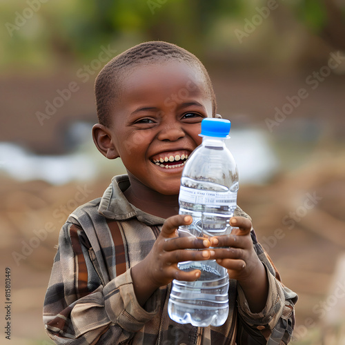 niño  amistoso africano sujetando una botella de agua riéndose. photo