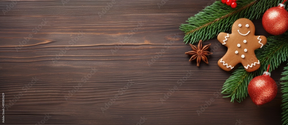 A festive arrangement for New Year including a gingerbread man a wooden star a red heart and a spruce branch The backdrop is a green Christmas or New Year decoration The arrangement is viewed from ab A festive arrangement for New Year including a gingerbread man a wooden star a red heart and a spruce branch The backdrop is a green Christmas or New Year decoration The arrangement is viewed from ab