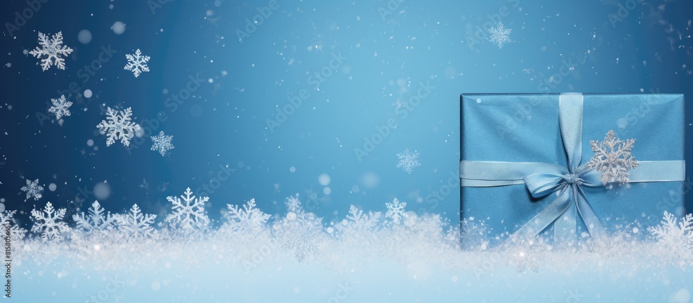 A festive Christmas themed paper with a tiny present placed on a backdrop of blue snowflakes providing ample space for adding text or images A festive Christmas themed paper with a tiny present placed on a backdrop of blue snowflakes providing ample space for adding text or images