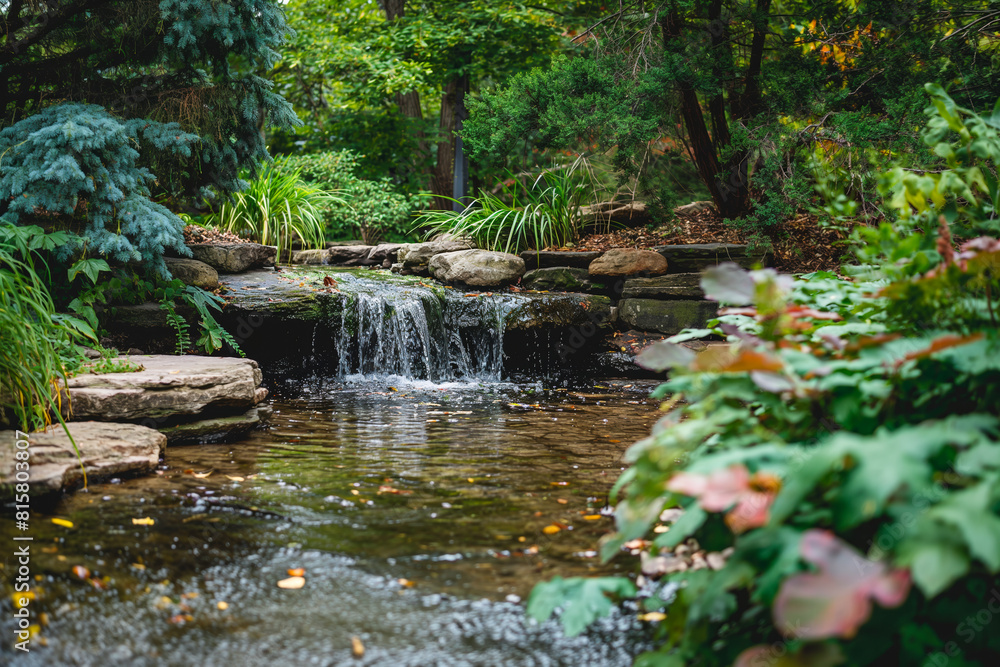 Serene garden waterfall and stream surrounded by lush greenery. Serene garden waterfall and stream surrounded by lush greenery.