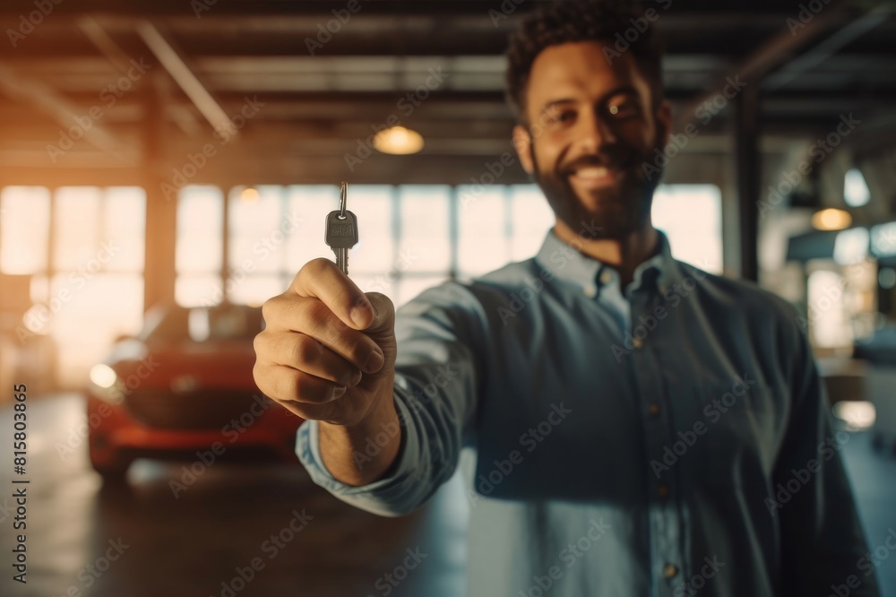 Close up of a car owner holding keys in a workshop. Close up of a manager holding car keys in a workshop Close up of a car owner holding keys in a workshop. Close up of a manager holding car keys in a workshop