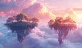 Surreal 3D landscape with floating islands representing different ecosystems, pastel sky, wide shot