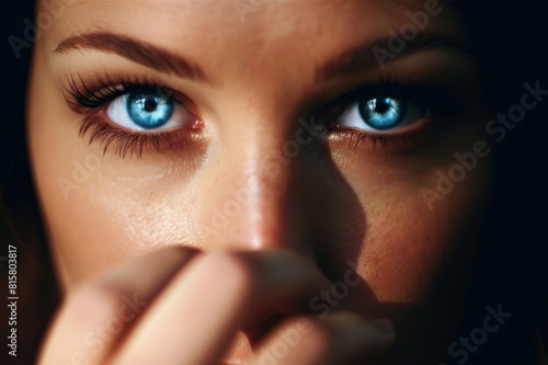 Close portrait of a beautiful woman with blue eyes