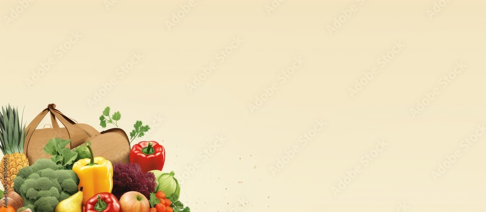 Fresh produce including fruits and vegetables fills two paper bags The image showcases an organic food store promoting healthy eating and a balanced lifestyle through grocery shopping. Copyspace image Fresh produce including fruits and vegetables fills two paper bags The image showcases an organic food store promoting healthy eating and a balanced lifestyle through grocery shopping. Copyspace image