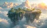 Surreal 3D landscape with floating islands representing different ecosystems, pastel sky, wide shot