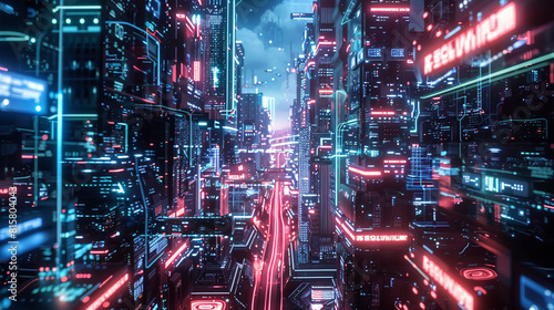 A cybernetic cityscape bathed in the glow of neon lights and holographic projections, where artificial intelligence governs every aspect of daily life with efficiency and precision. © Rafia