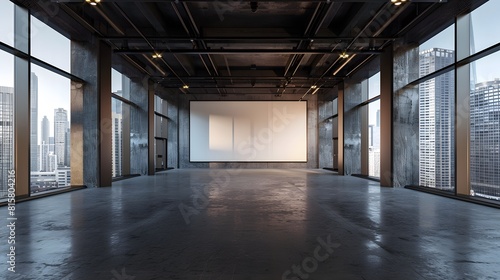 A large empty space with a blank white screen in the center  surrounded by windows overlooking city buildings. 