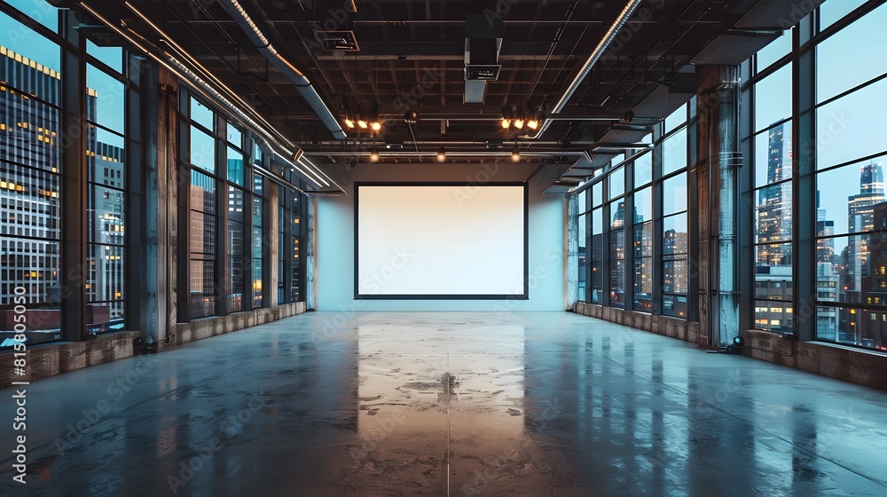 Fototapeta premium A large empty space with a blank white screen in the center, surrounded by windows overlooking city buildings.