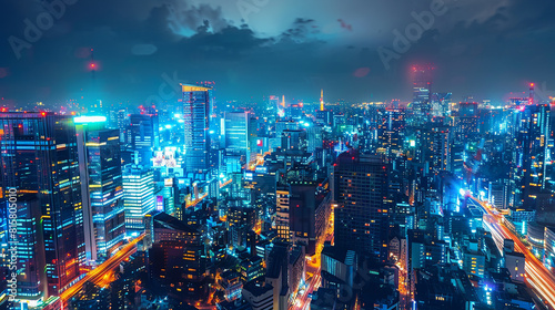 A cybernetic cityscape illuminated by the glow of neon lights and holographic projections, where artificial intelligence governs every aspect of daily life with efficiency and precision.